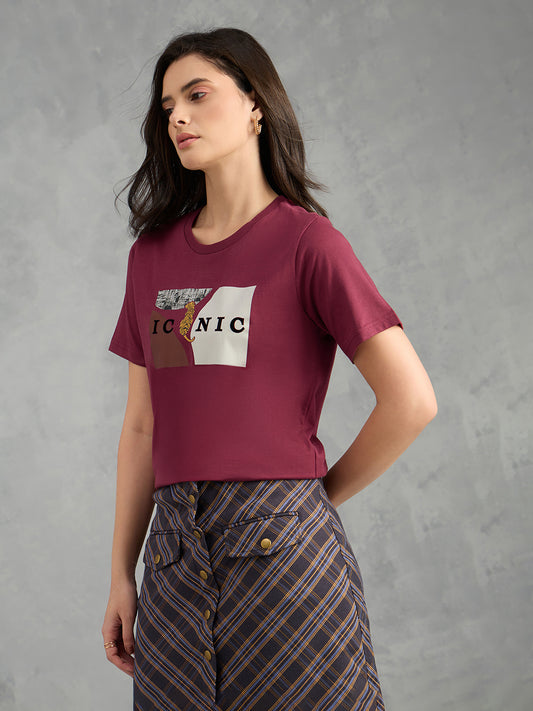 Iconic Women Maroon Printed Pure Cotton Round Neck T Shirt