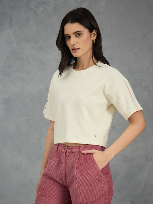 Iconic Women Cream Solid Round Neck T-Shirt