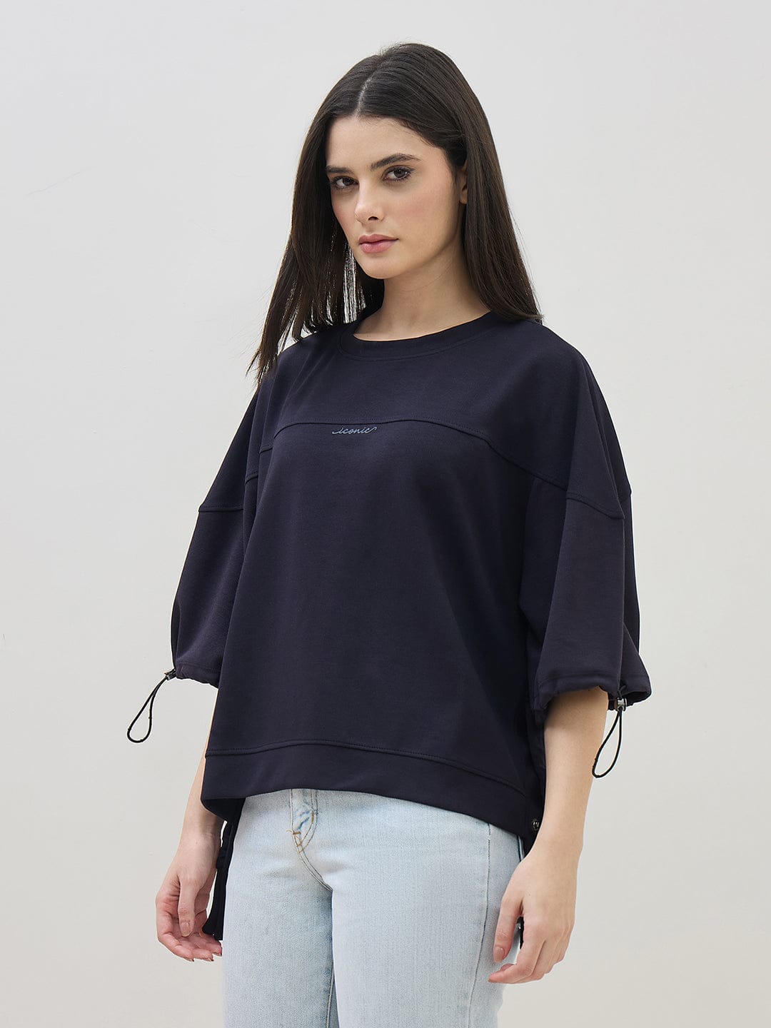ICONIC Women Navy Blue Round Neck Boxy Fit T Shirt