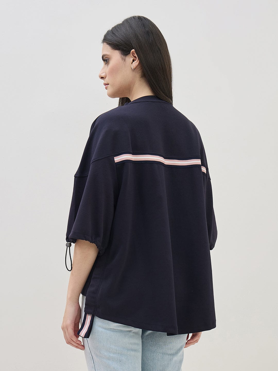 ICONIC Women Navy Blue Round Neck Boxy Fit T Shirt