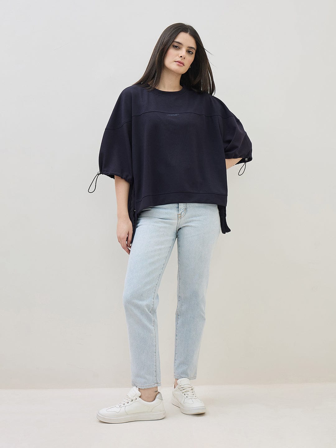 ICONIC Women Navy Blue Round Neck Boxy Fit T Shirt