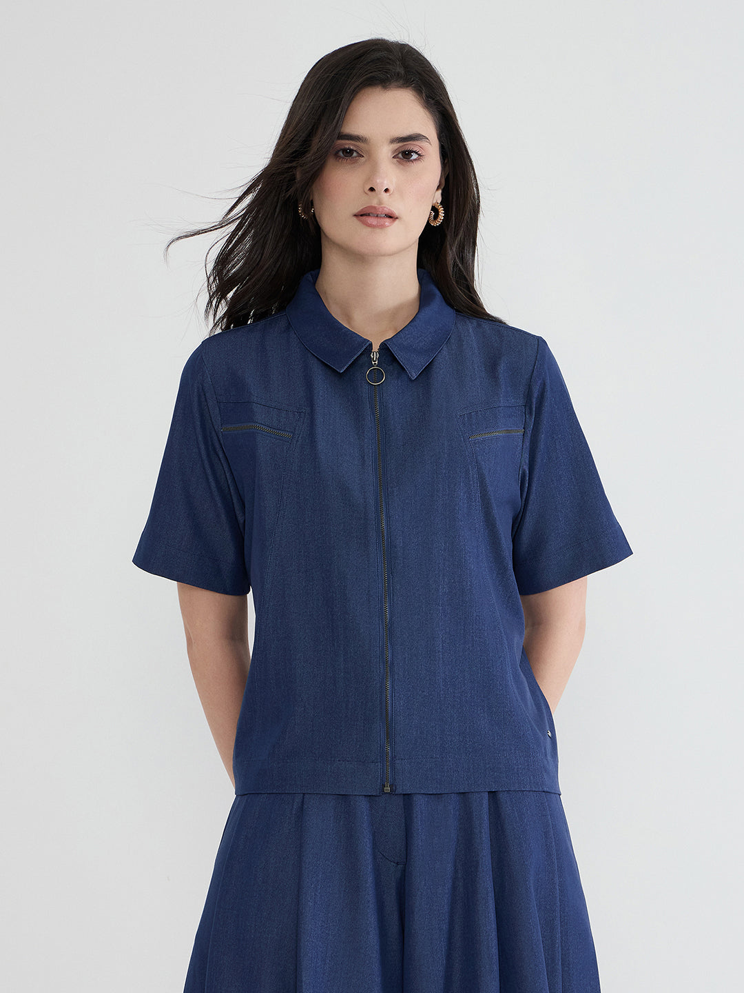 Iconic Women Navy Blue Solid Pure Cotton Collared Loose Fit Top