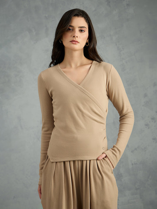 Iconic Women Beige Solid V Neck Top