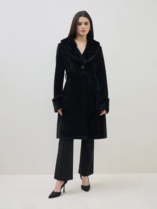 ICONIC Women Black Notch Lapel Detachable Fur Overcoat