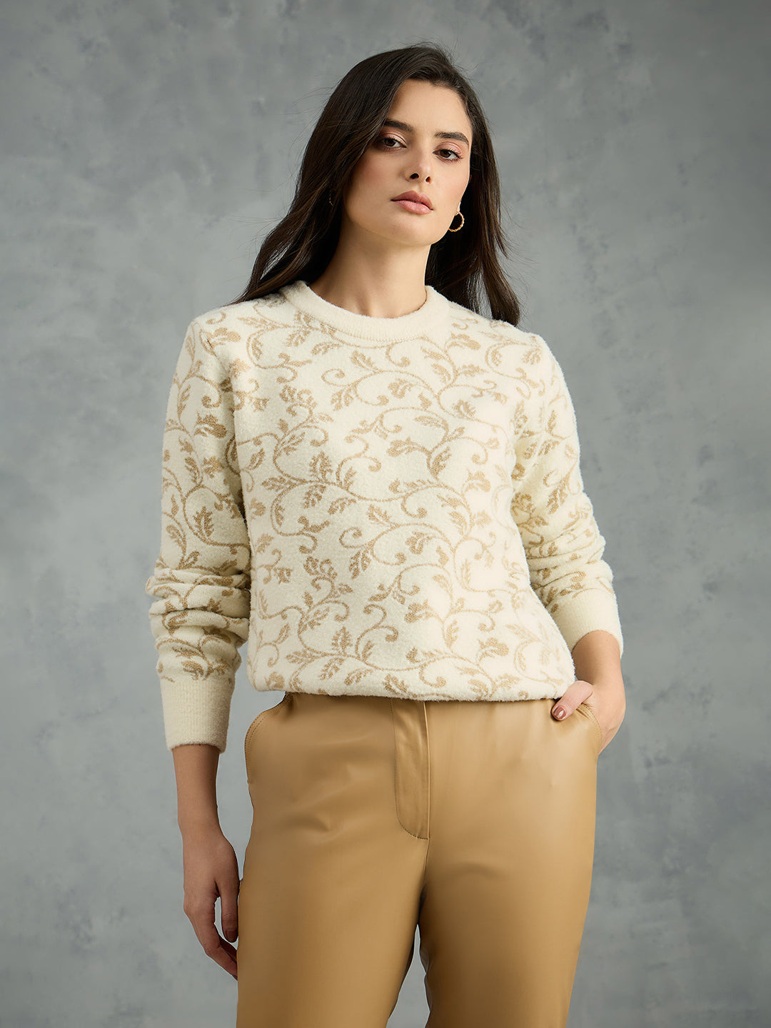 Iconic Women Cream Printed Round Neck Sweater