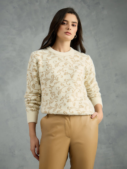 Iconic Women Cream Printed Round Neck Sweater