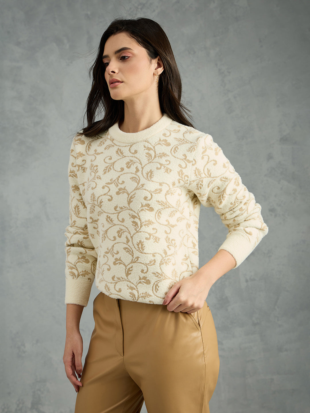 Iconic Women Cream Printed Round Neck Sweater