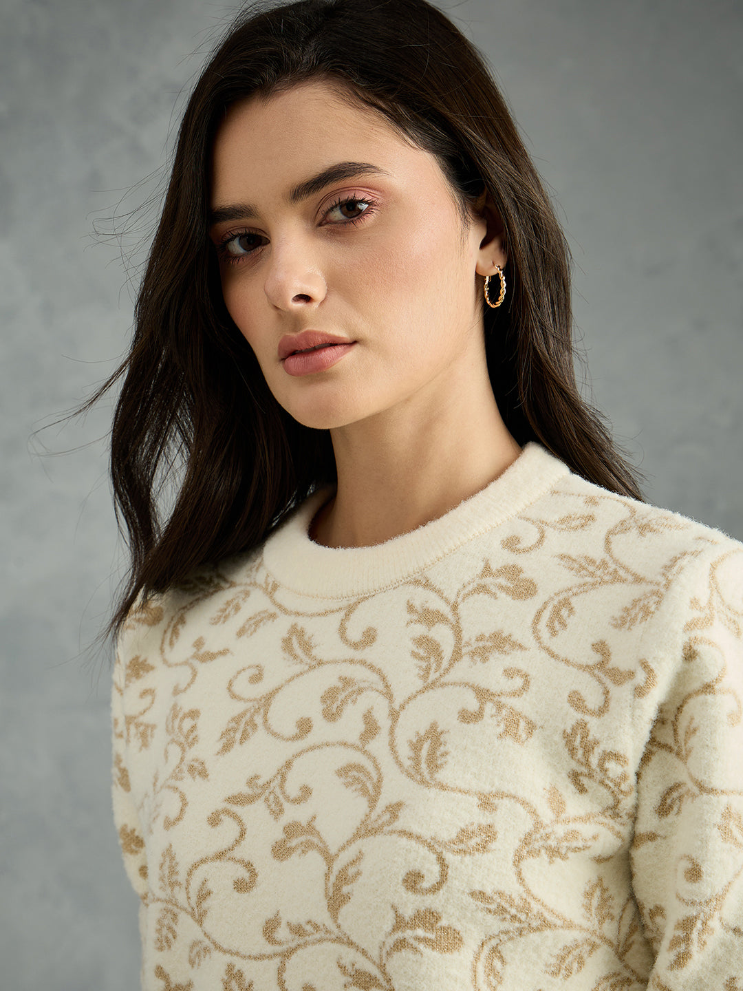 Iconic Women Cream Printed Round Neck Sweater