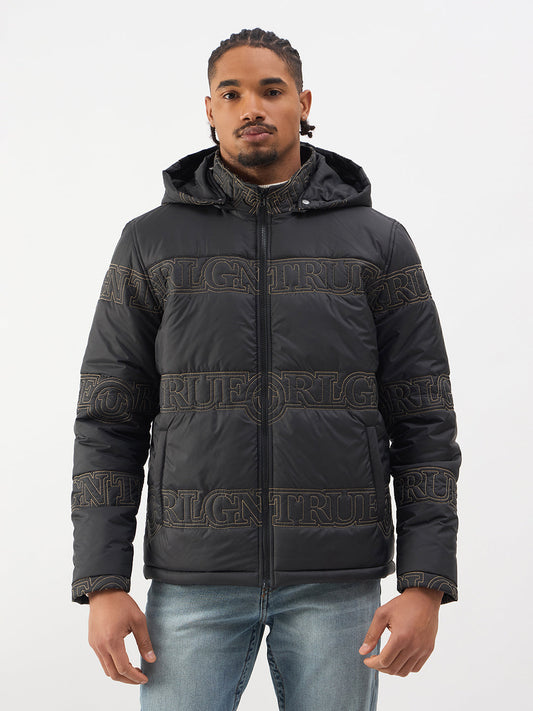 TRUE RELIGION Men Black Embroidered Detachable Hood Jacket