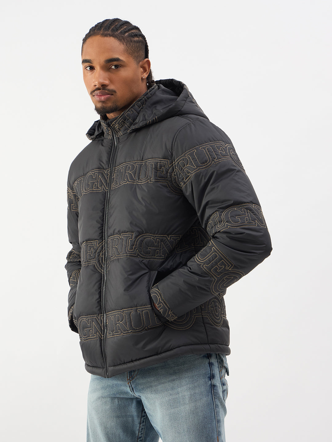 TRUE RELIGION Men Black Embroidered Detachable Hood Jacket