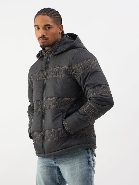 TRUE RELIGION Men Black Embroidered Detachable Hood Jacket