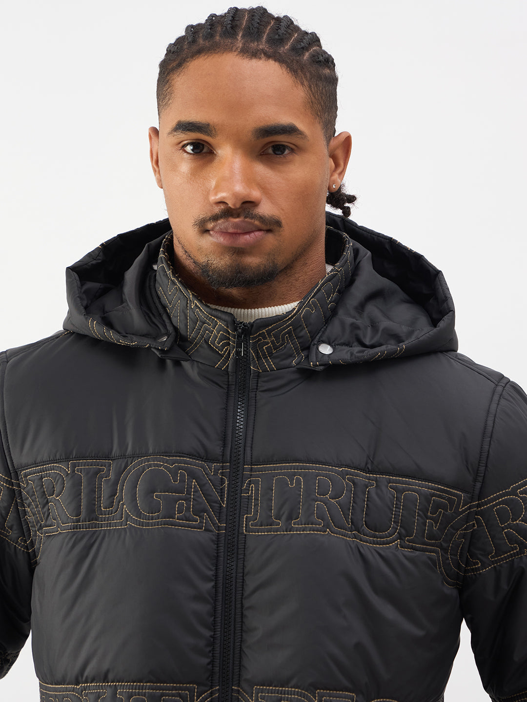 TRUE RELIGION Men Black Embroidered Detachable Hood Jacket