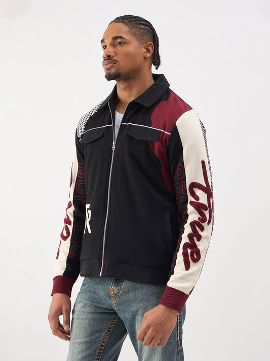 TRUE RELIGION Men Black Embroidered Shirt Collar Jacket