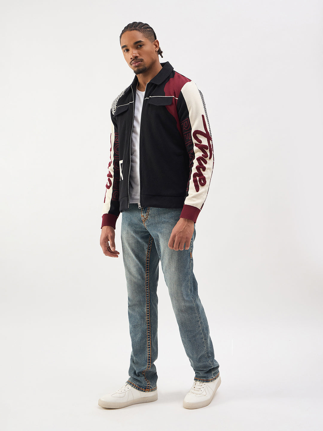 TRUE RELIGION Men Black Embroidered Shirt Collar Jacket