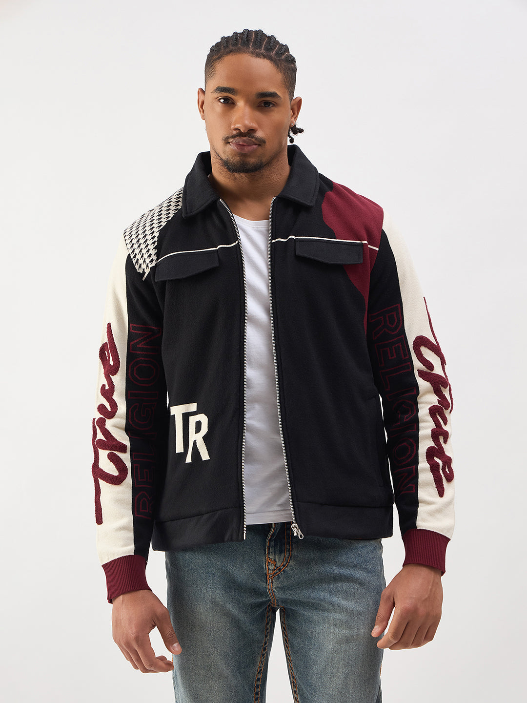 TRUE RELIGION Men Black Embroidered Shirt Collar Jacket