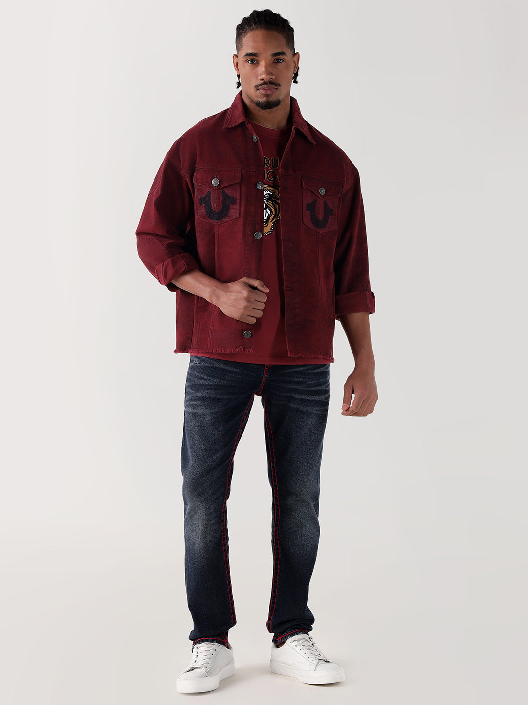 TRUE RELIGION Men Maroon Relaxed Fit Denim Jacket