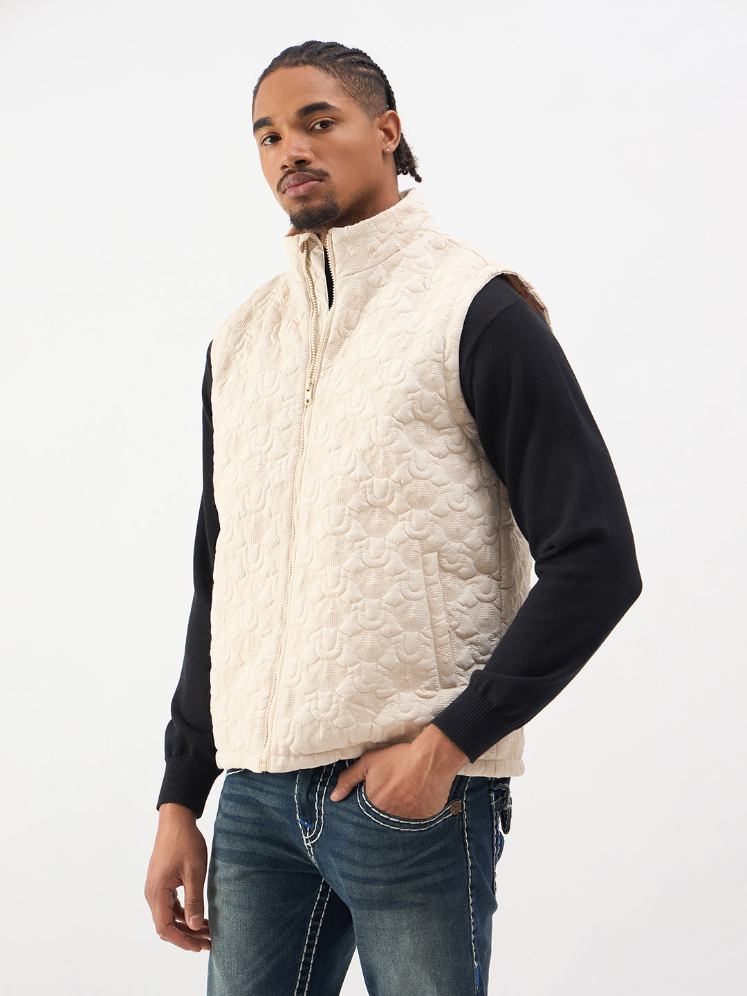 TRUE RELIGION Men Cream Stand Collar Quilted Jacket