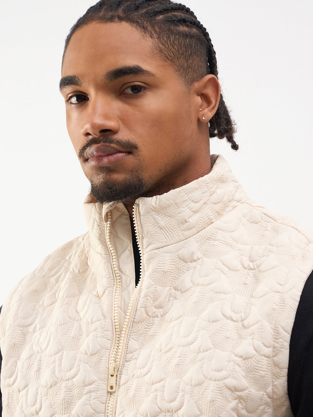 TRUE RELIGION Men Cream Stand Collar Quilted Jacket