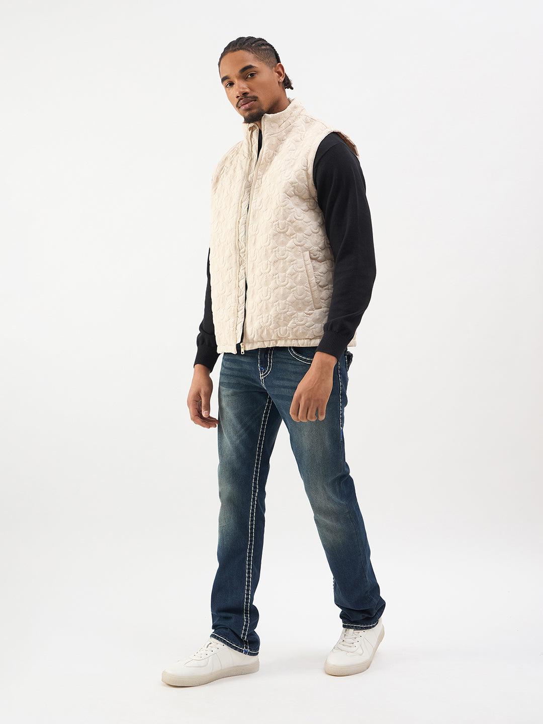 TRUE RELIGION Men Cream Stand Collar Quilted Jacket