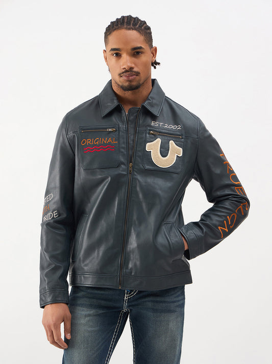 TRUE RELIGION Men Blue Embroidered Leather Jacket