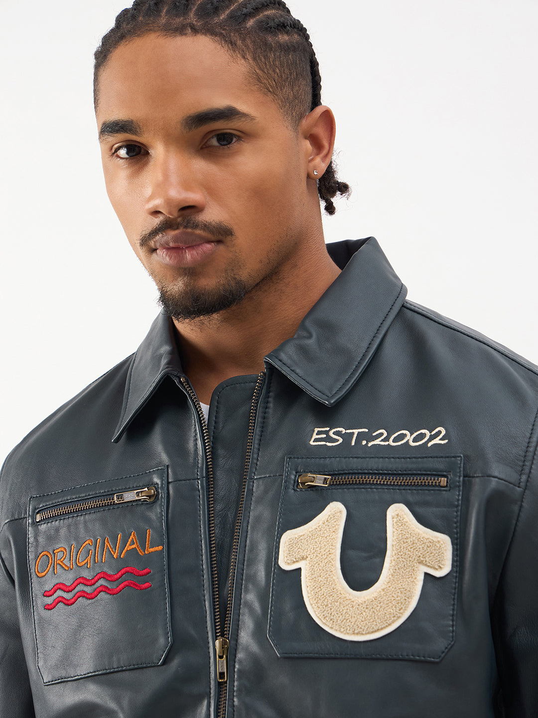 TRUE RELIGION Men Blue Embroidered Leather Jacket