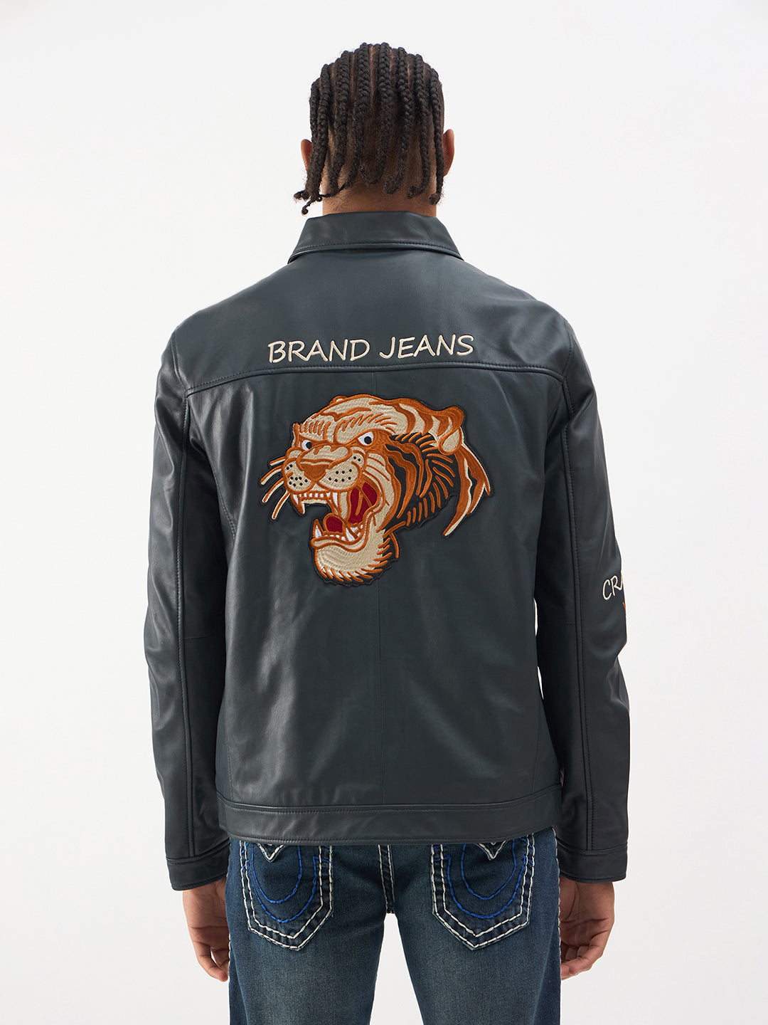 TRUE RELIGION Men Blue Embroidered Leather Jacket