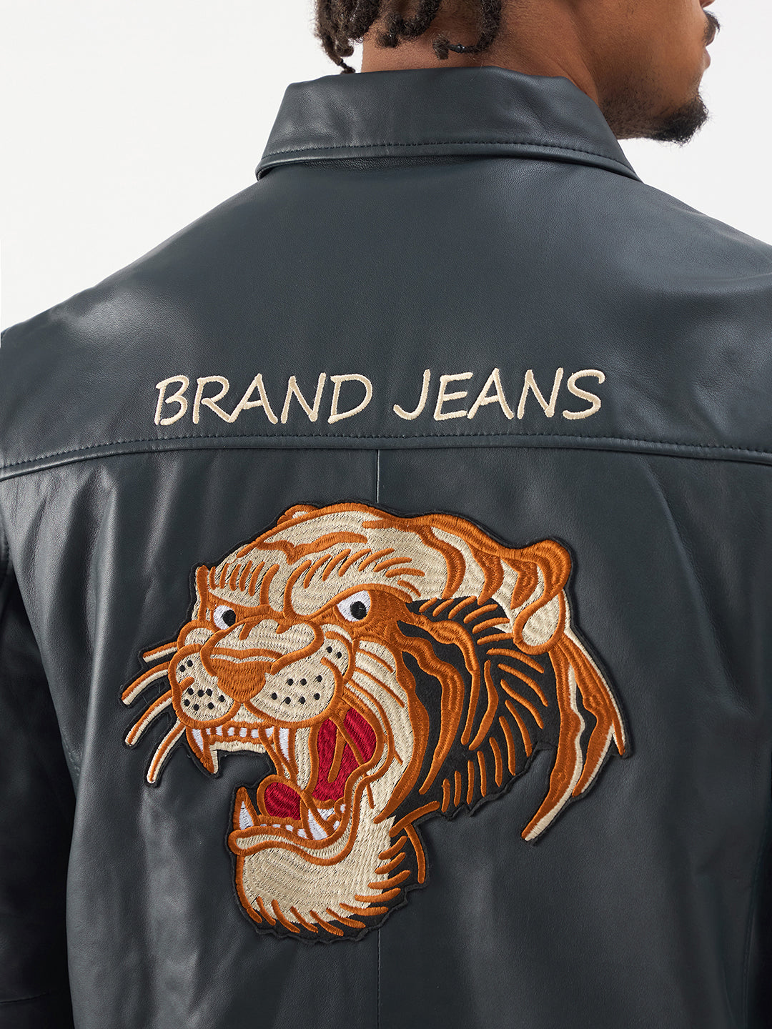 TRUE RELIGION Men Blue Embroidered Leather Jacket