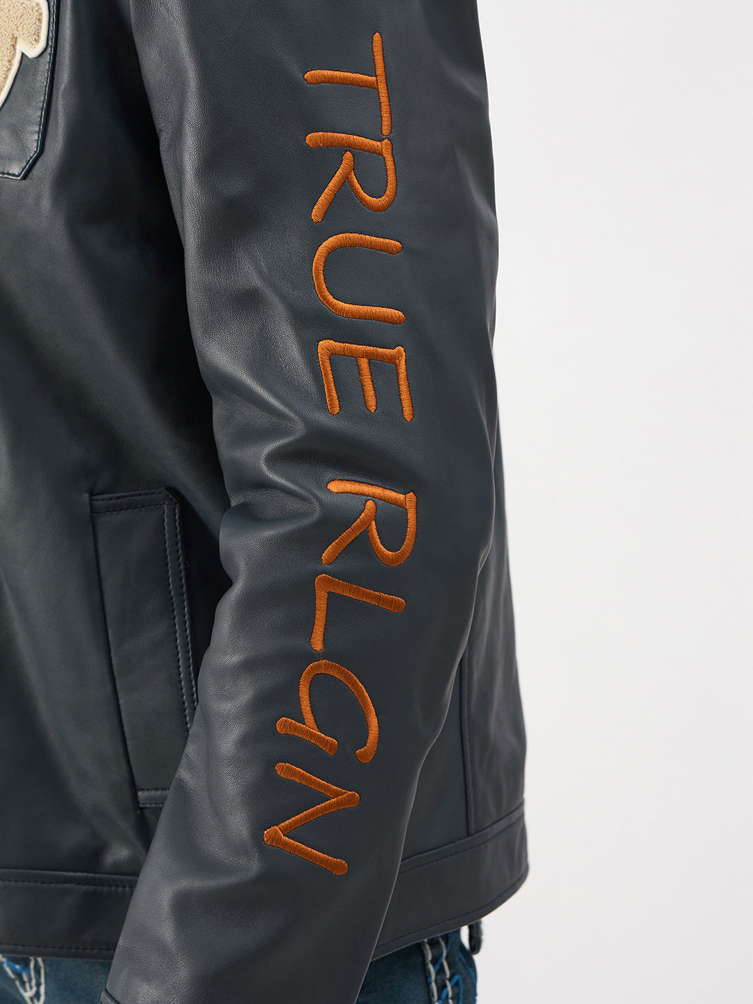 TRUE RELIGION Men Blue Embroidered Leather Jacket