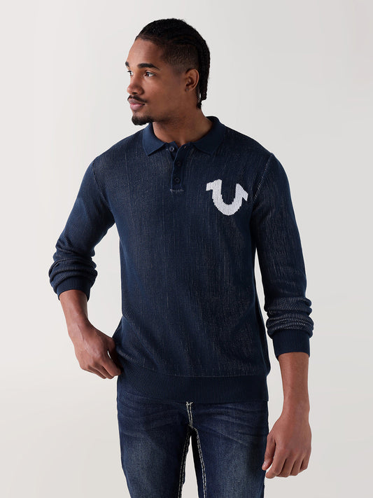 TRUE RELIGION Men Navy Blue Textured Regular Fit Polo T-Shirt