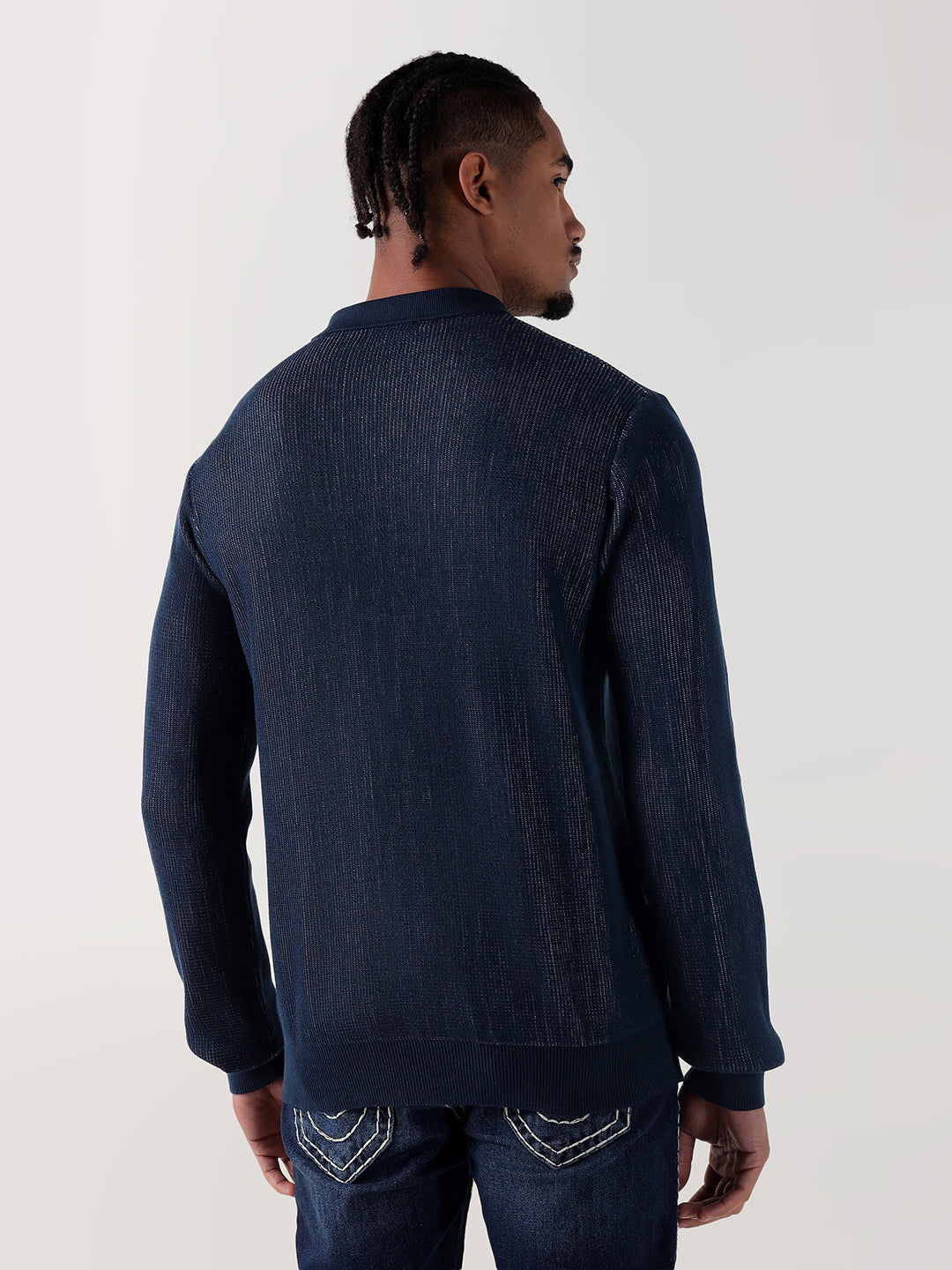 TRUE RELIGION Men Navy Blue Textured Regular Fit Polo T-Shirt