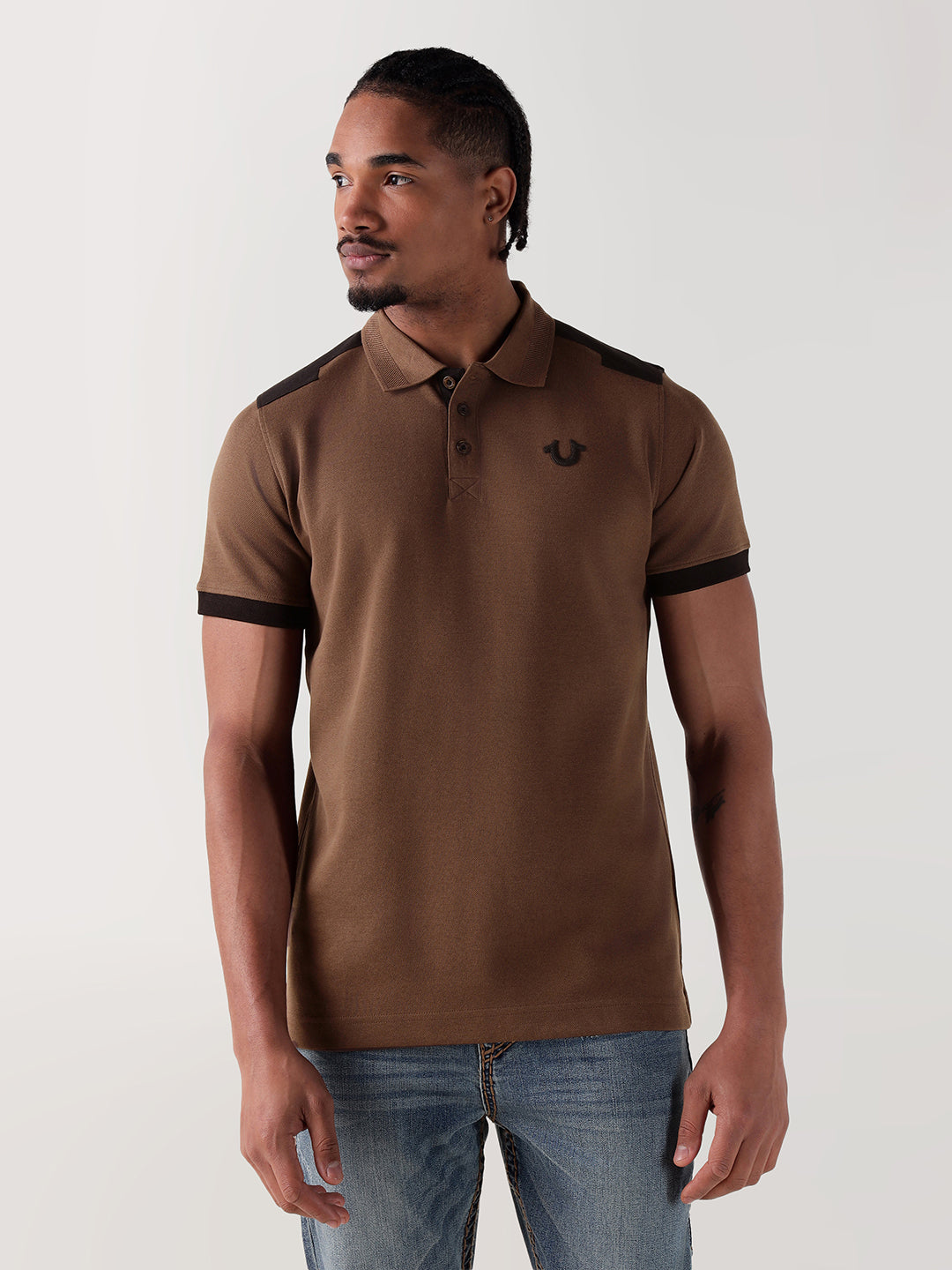 TRUE RELIGION Men Brown Logo Regular Fit Polo T-Shirt