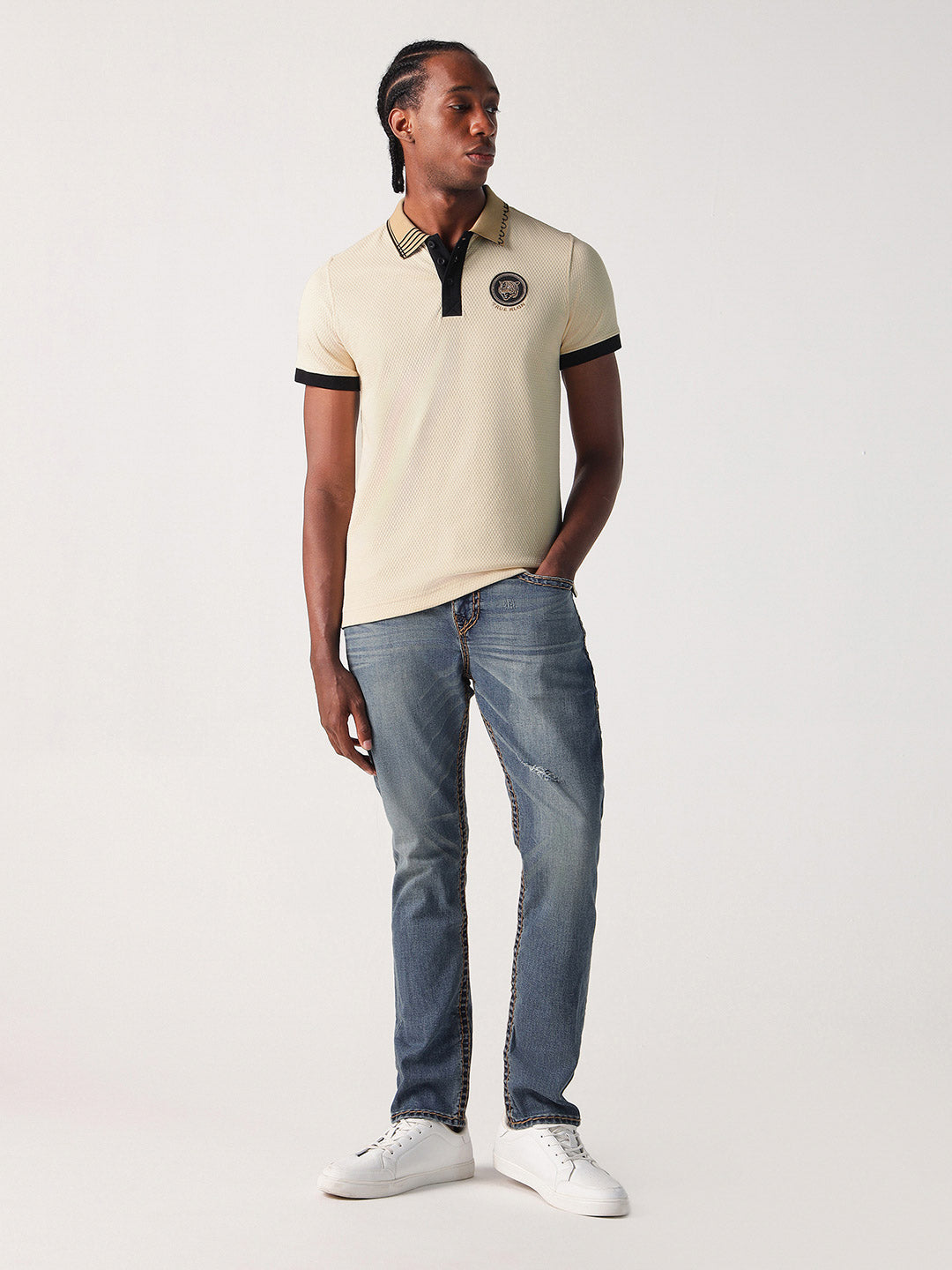 True Religion Men Cream Solid Polo Tshirt