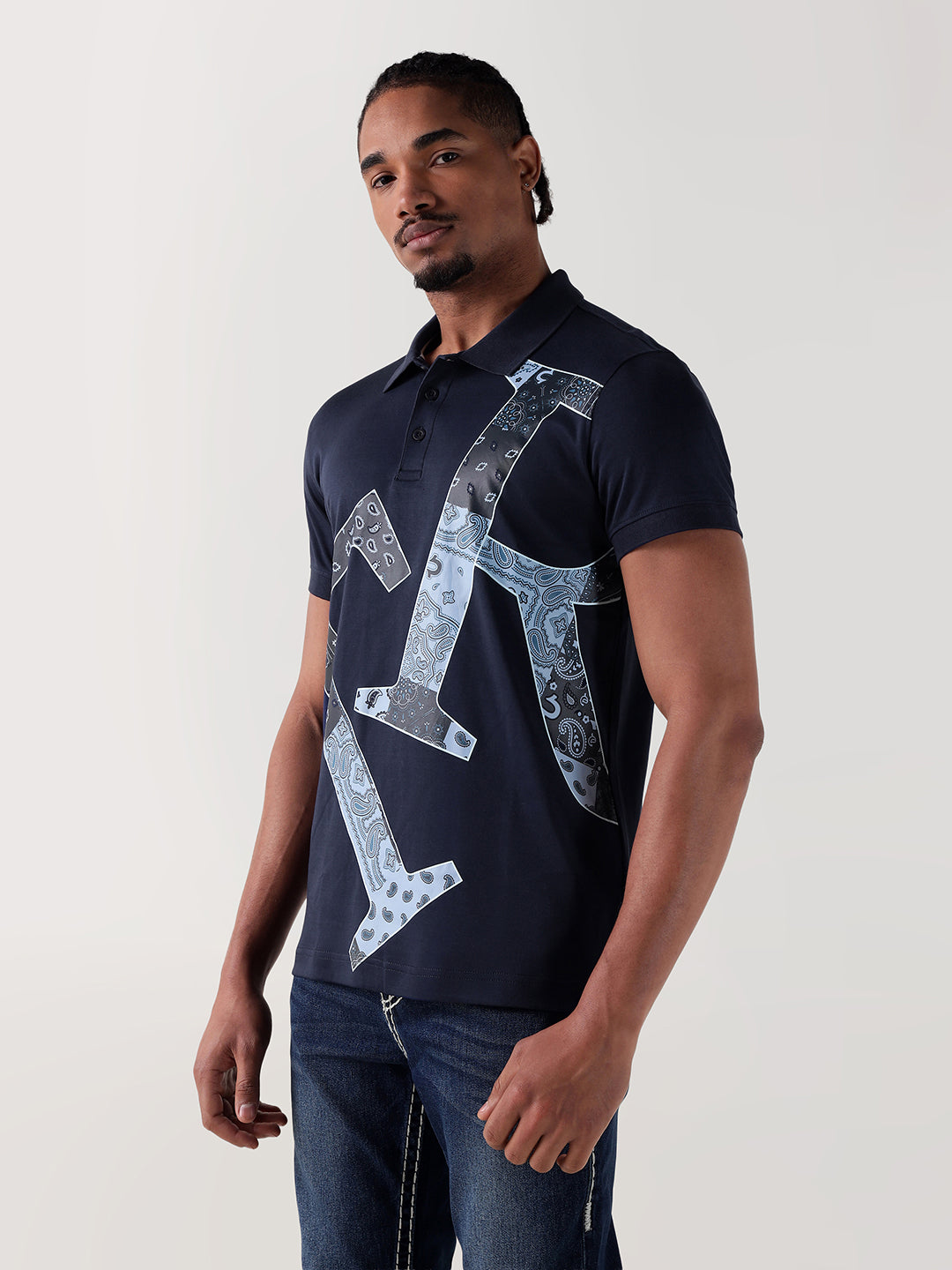TRUE RELIGION Men Navy Blue Printed Regular Fit Polo T-Shirt