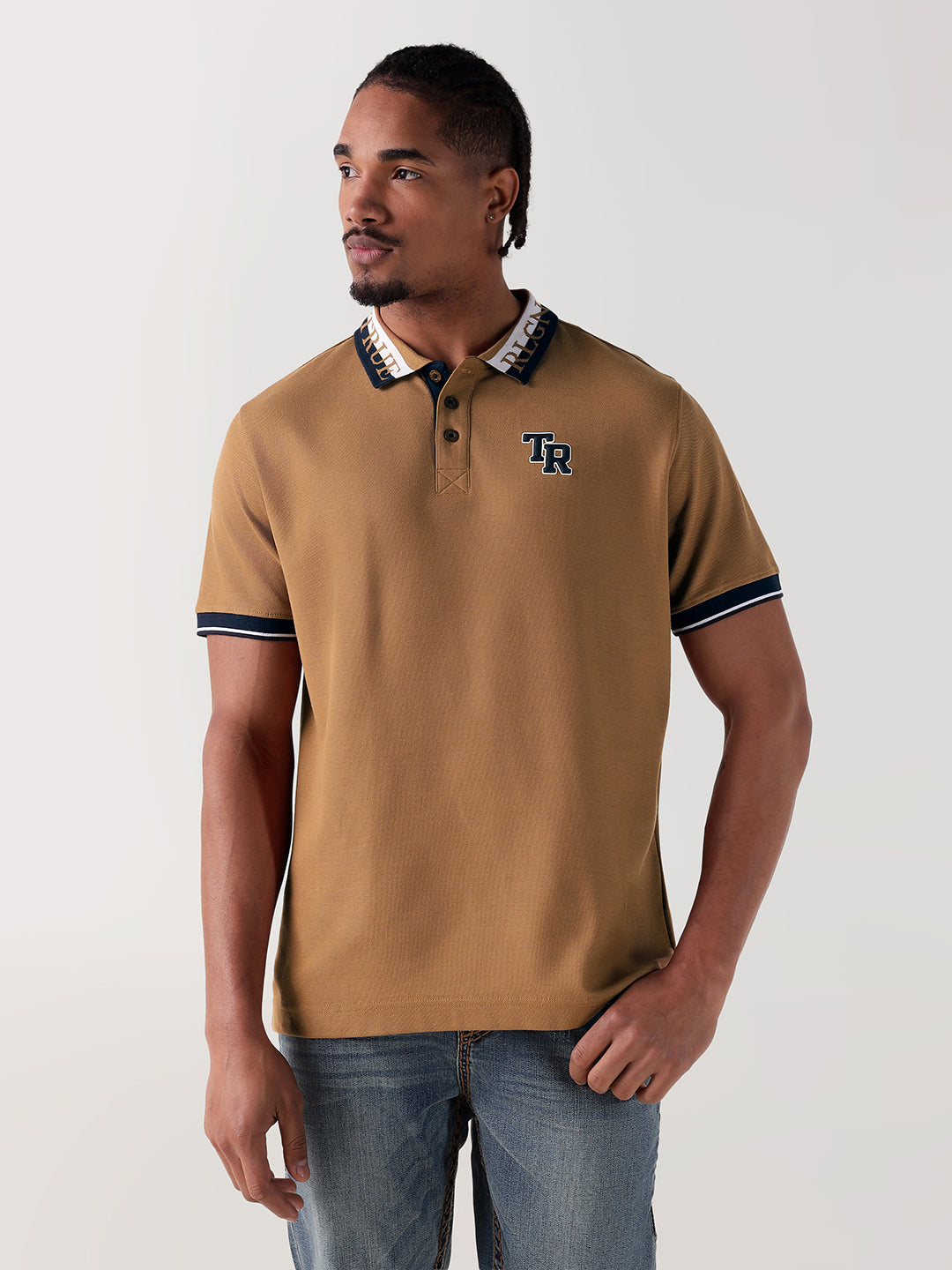 TRUE RELIGION Men Beige Logo Regular Fit Polo T-Shirt