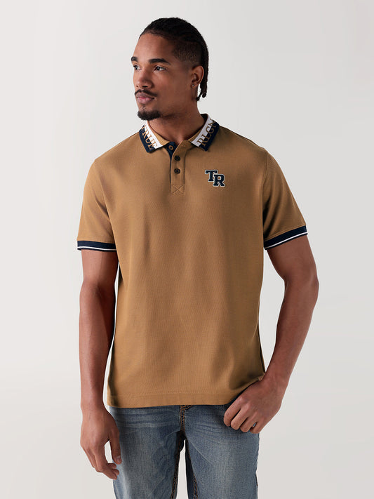 TRUE RELIGION Men Beige Logo Regular Fit Polo T-Shirt
