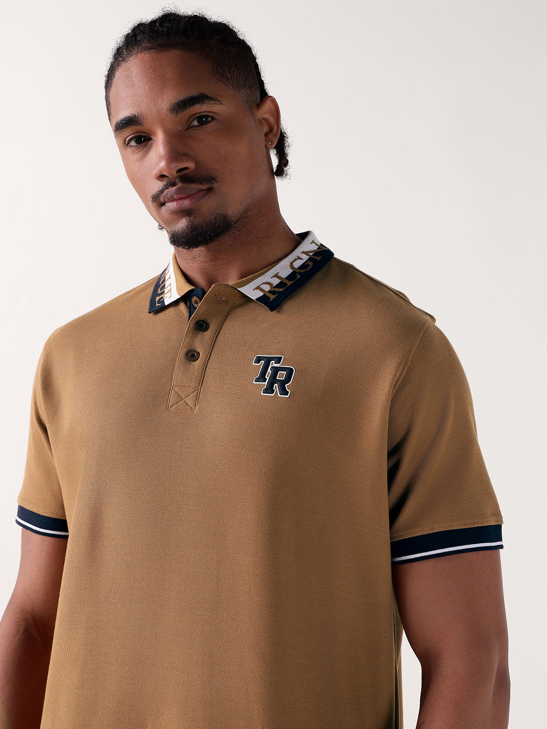 TRUE RELIGION Men Beige Logo Regular Fit Polo T-Shirt