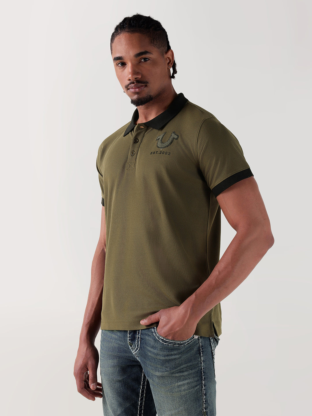 TRUE RELIGION Men Green Logo Regular Fit Polo T-Shirt
