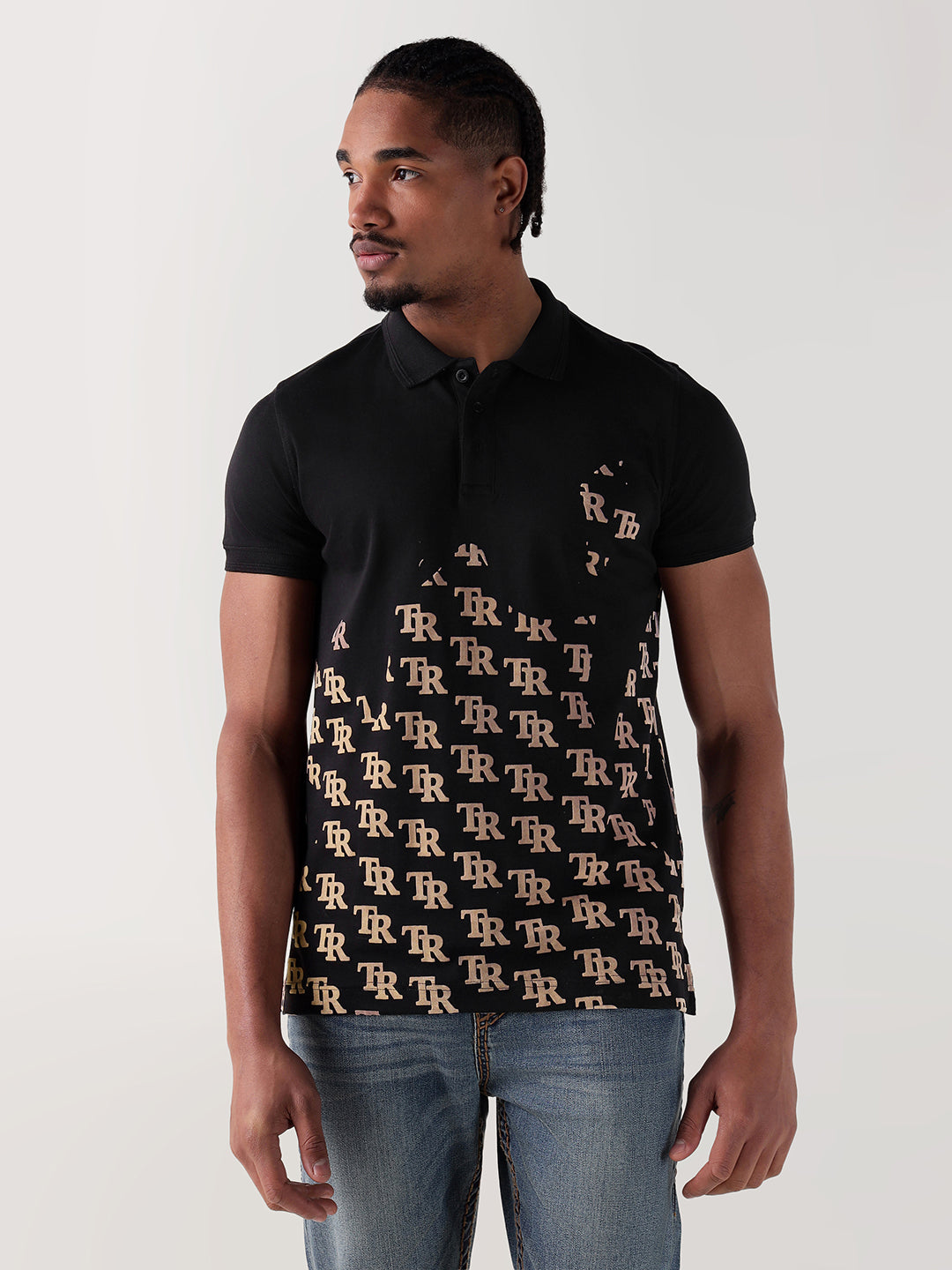 TRUE RELIGION Men Black Printed Regular Fit Polo T-Shirt