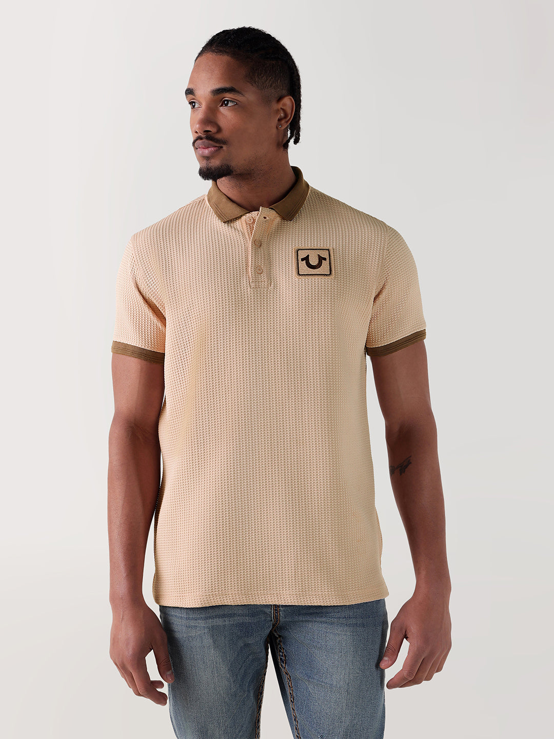 TRUE RELIGION Men Beige Textured Regular Fit Polo T-Shirt