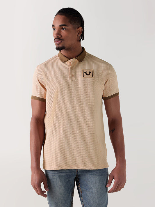 TRUE RELIGION Men Beige Textured Regular Fit Polo T-Shirt