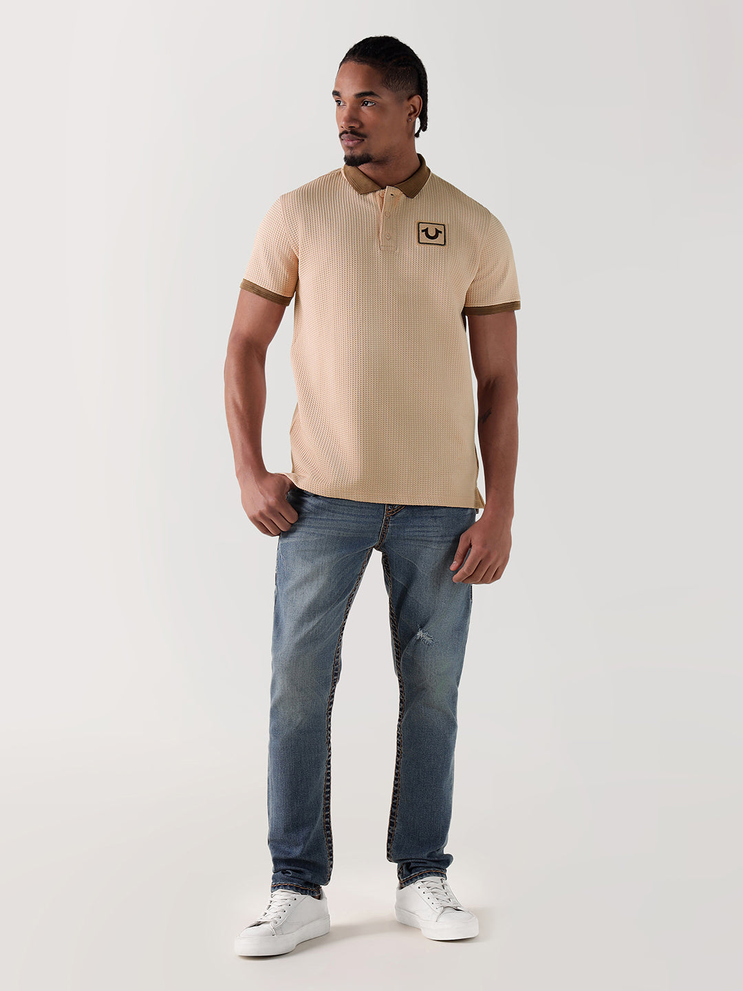 TRUE RELIGION Men Beige Textured Regular Fit Polo T-Shirt