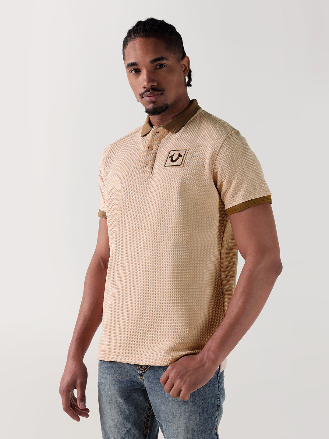 TRUE RELIGION Men Beige Textured Regular Fit Polo T-Shirt
