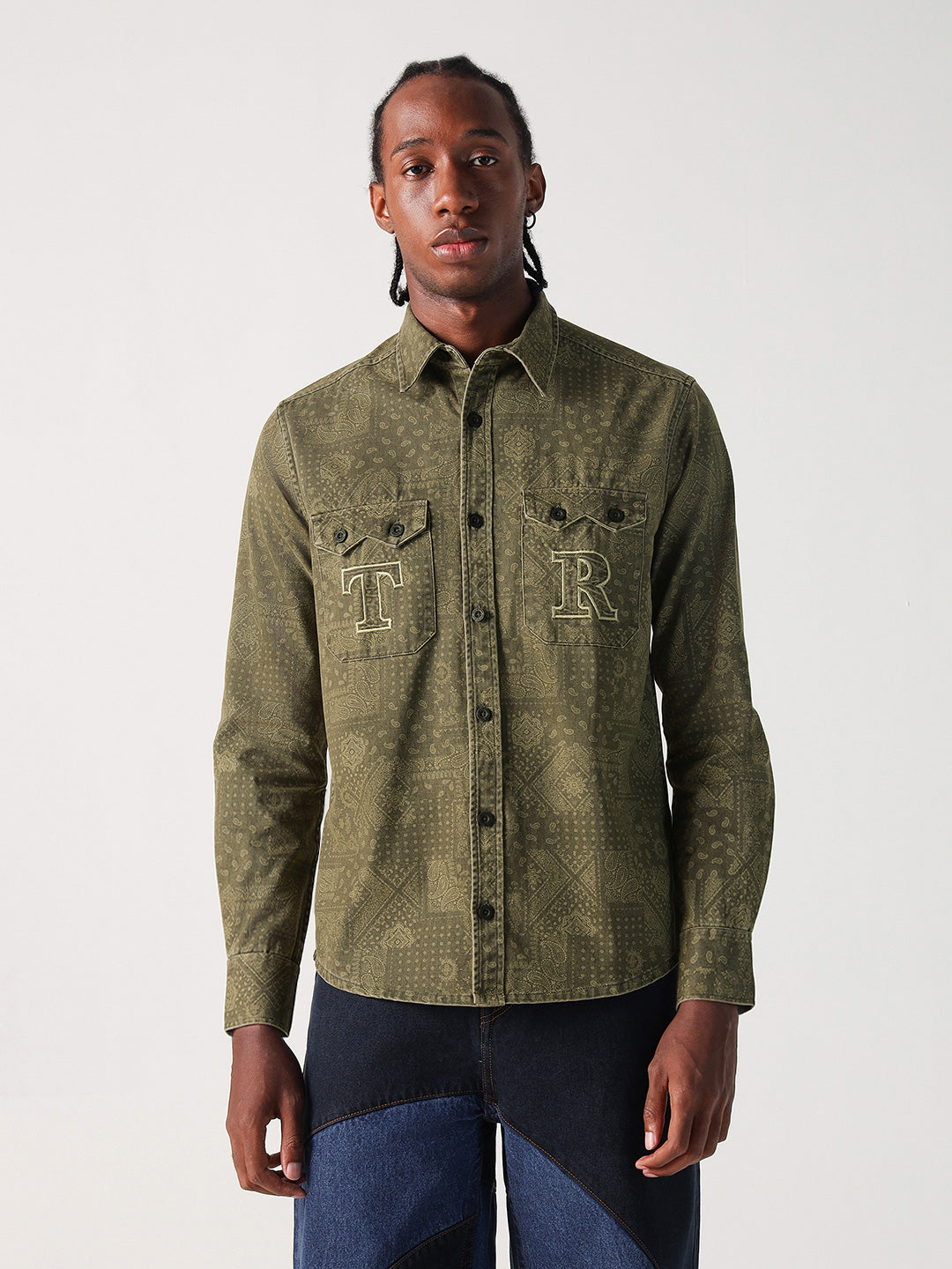 True Religion Men Green Printed Collar Shirt