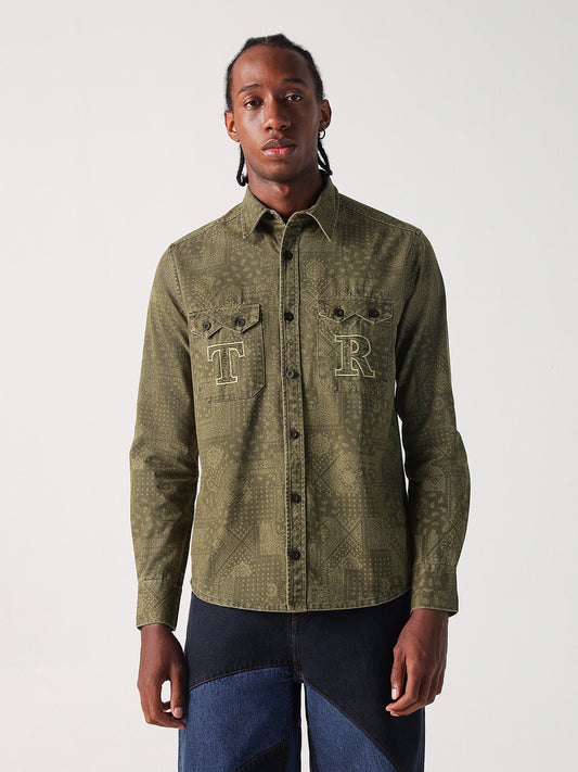 True Religion Men Green Printed Collar Shirt