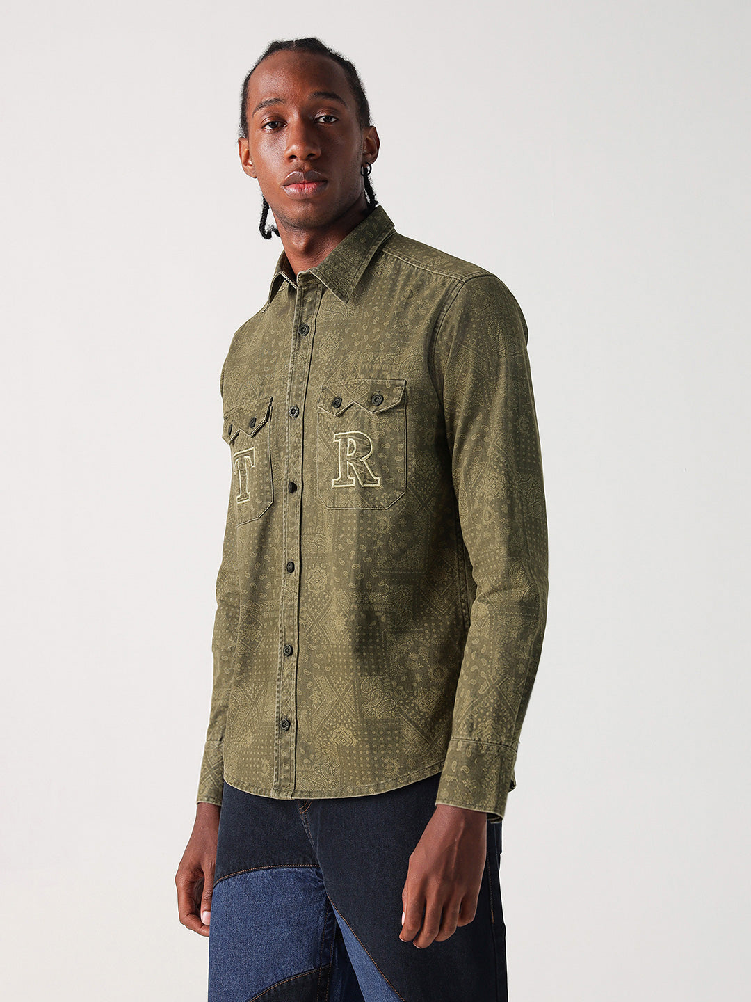 True Religion Men Green Printed Collar Shirt