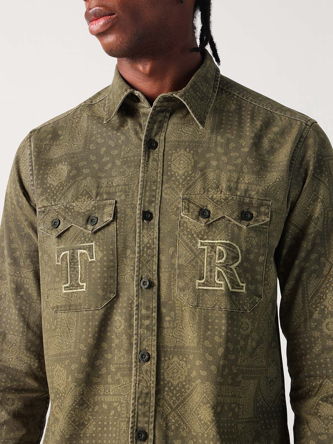 True Religion Men Green Printed Collar Shirt