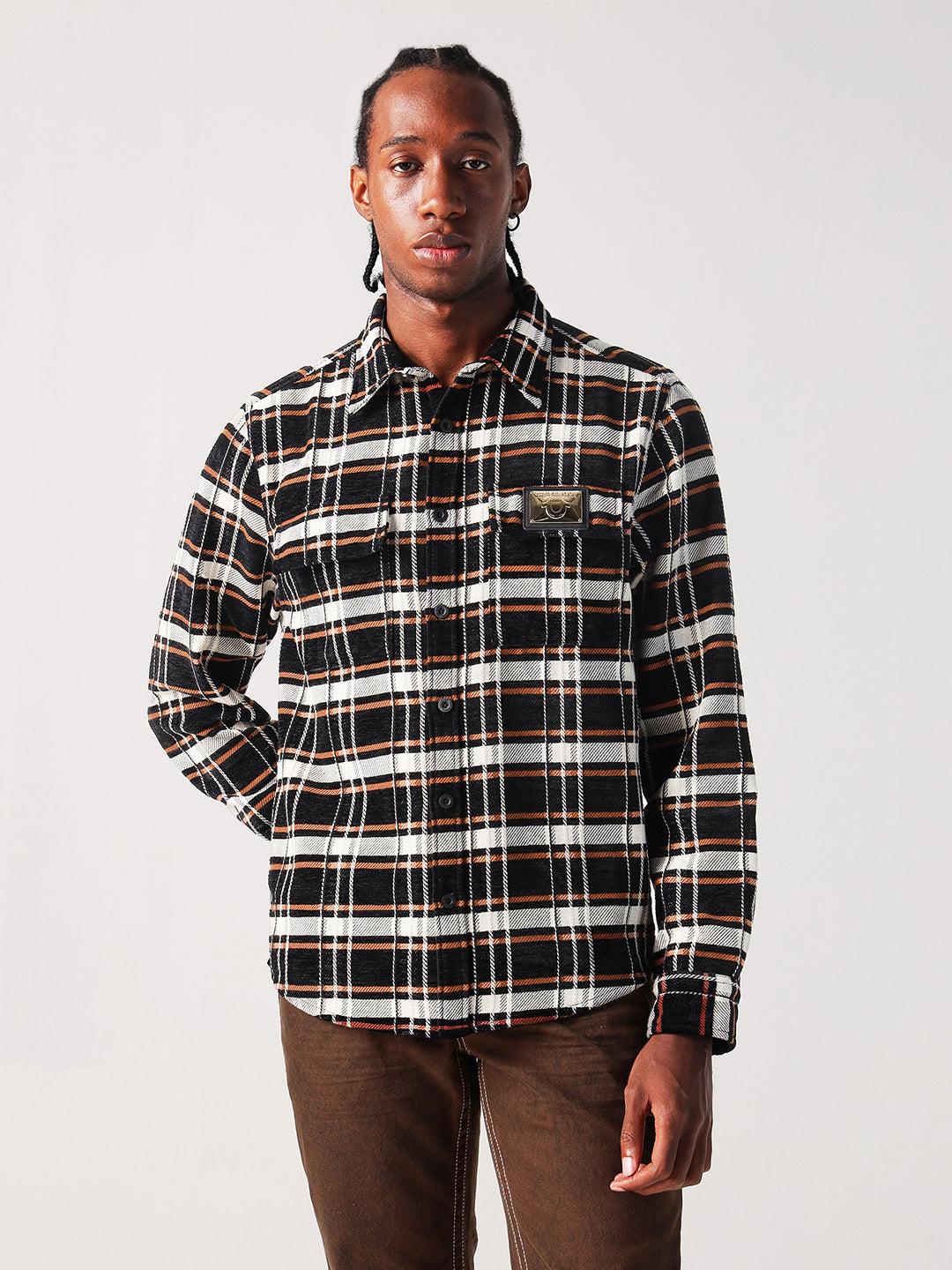 True Religion Men Black Checks Collar Shirt