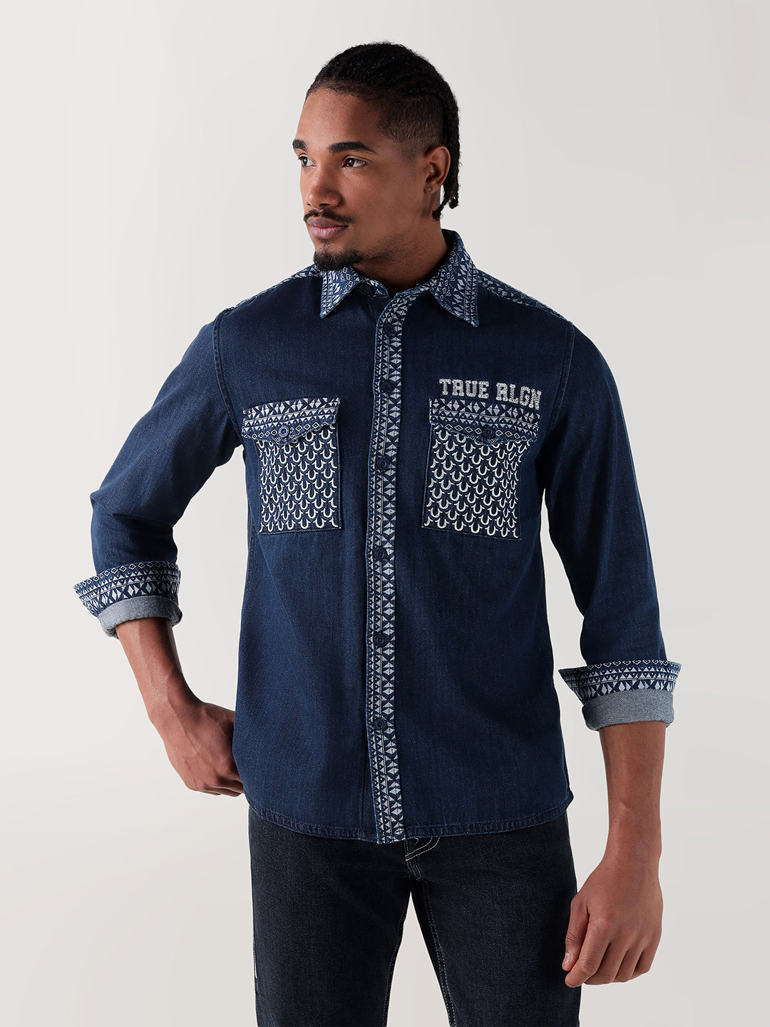 TRUE RELIGION Men Navy Blue Regular Fit Shirt
