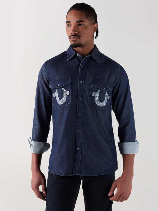 TRUE RELIGION Men Navy Blue Regular Fit Shirt
