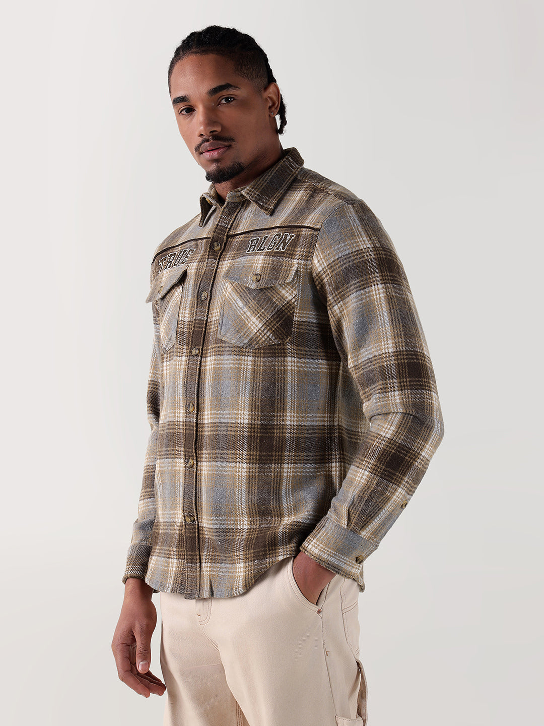 TRUE RELIGION Men Brown Checks Regular Fit Shirt